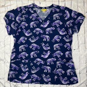 Wonder Wink Navy Purple Elephant Print Scrub Top Large